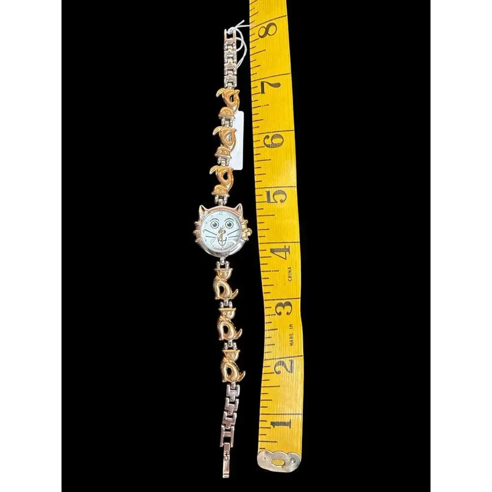 Gold Silver Kitten Japan Movement Stainless Steel Back Wrist Watch NWT